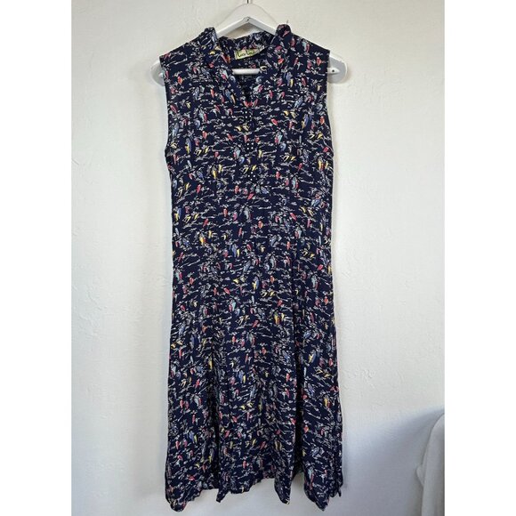 Loco Lindo Womens Navy Boat Print Sleeveless A-Line Midi Dress Medium USA Made - Picture 1 of 9